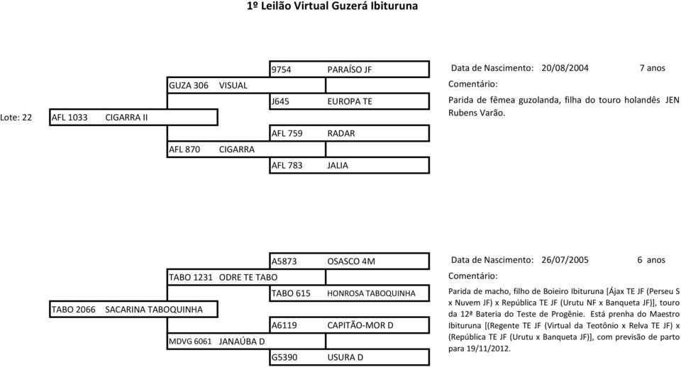 TABO 2066 SACARINA TABOQUINHA TABO 1231 ODRE TE TABO MDVG 6061 JANAÚBA D A5873 OSASCO 4M Data de Nascimento: 26/07/2005 6 anos TABO 615 A6119 G5390 HONROSA TABOQUINHA CAPITÃO-MOR D USURA D