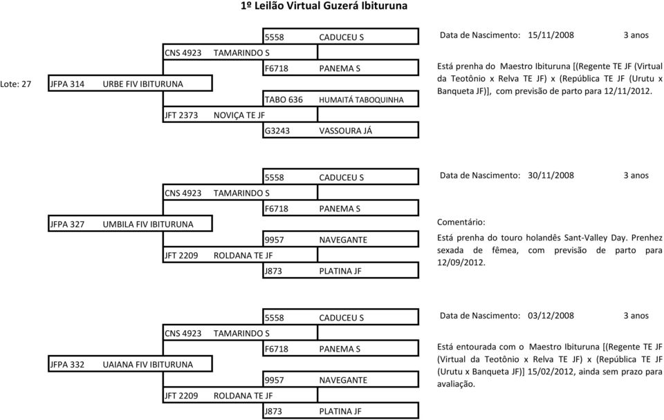 JFT 2373 NOVIÇA TE JF G3243 VASSOURA JÁ 5558 CADUCEU S Data de Nascimento: 30/11/2008 3 anos CNS 4923 TAMARINDO S F6718 PANEMA S JFPA 327 UMBILA FIV IBITURUNA Comentário: JFT 2209 ROLDANA TE JF 9957