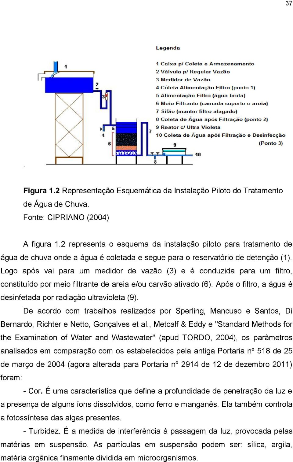 Logo após vai para um medidor de vazão (3) e é conduzida para um filtro, constituído por meio filtrante de areia e/ou carvão ativado (6).