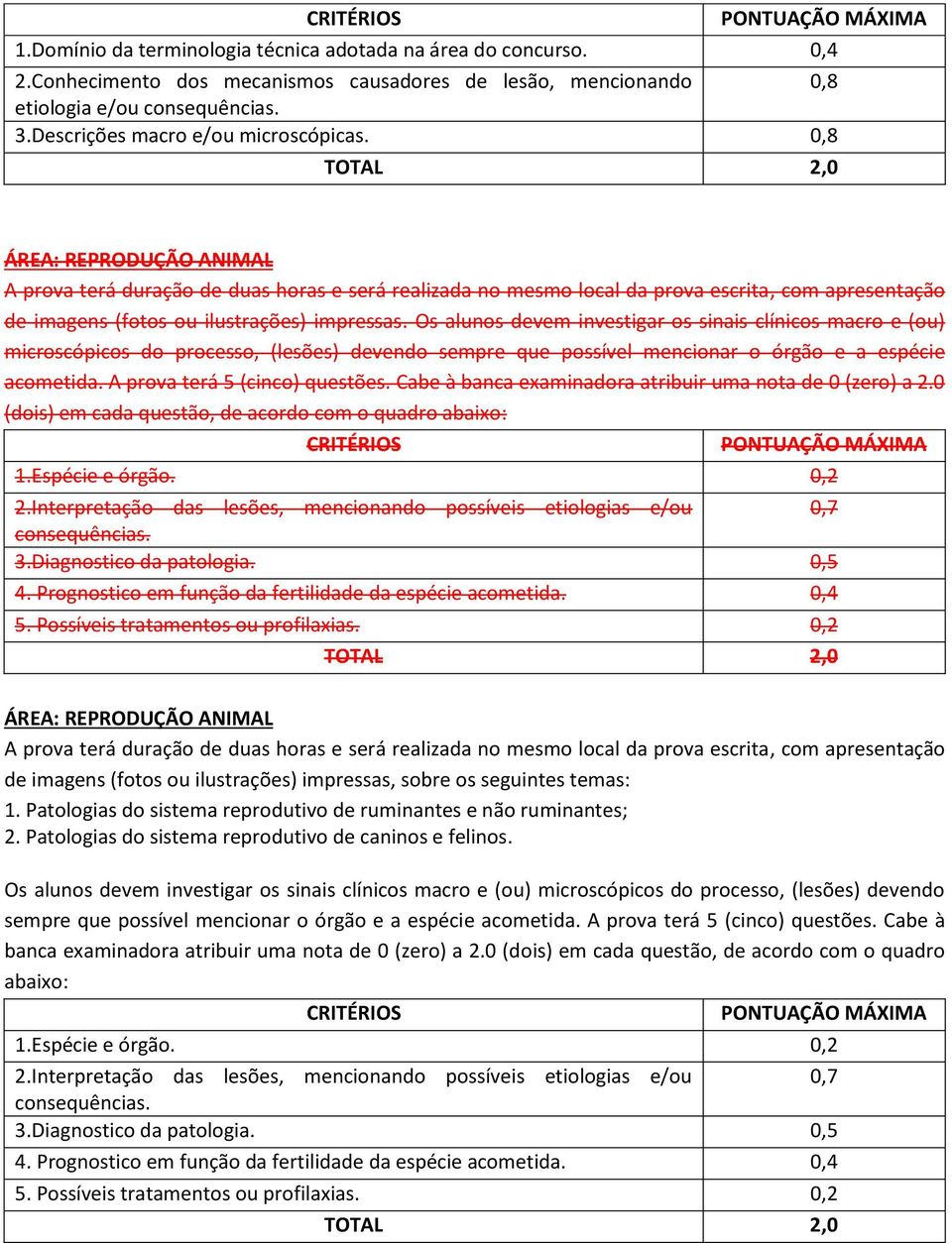 0,8 ÁREA: REPRODUÇÃO ANIMAL A prova terá duração de duas horas e será realizada no mesmo local da prova escrita, com apresentação de imagens (fotos ou ilustrações) impressas.