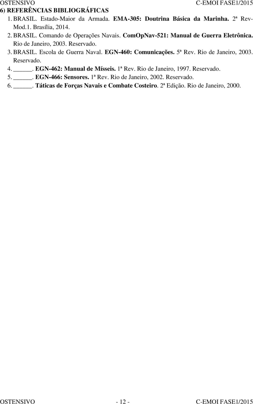 Rio de Janeiro, 2003. Reservado. 4.. EGN-462: Manual de Mísseis. 1ª Rev. Rio de Janeiro, 1997. Reservado. 5.. EGN-466: Sensores. 1ª Rev. Rio de Janeiro, 2002.