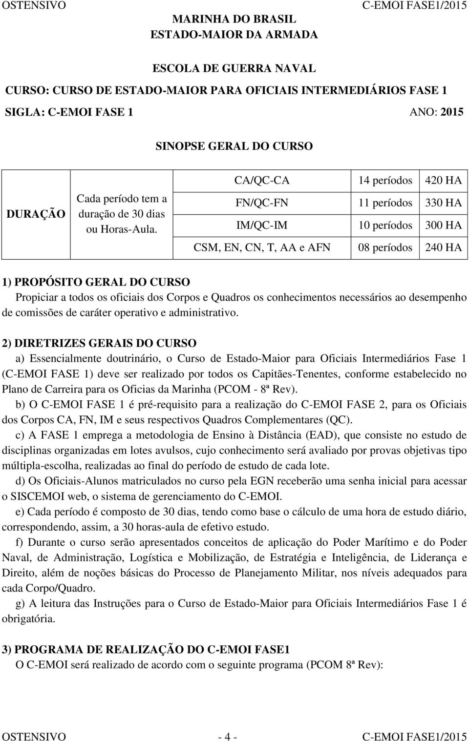 CA/QC-CA 14 períodos 420 HA FN/QC-FN 11 períodos 330 HA IM/QC-IM 10 períodos 300 HA CSM, EN, CN, T, AA e AFN 08 períodos 240 HA 1) PROPÓSITO GERAL DO CURSO Propiciar a todos os oficiais dos Corpos e