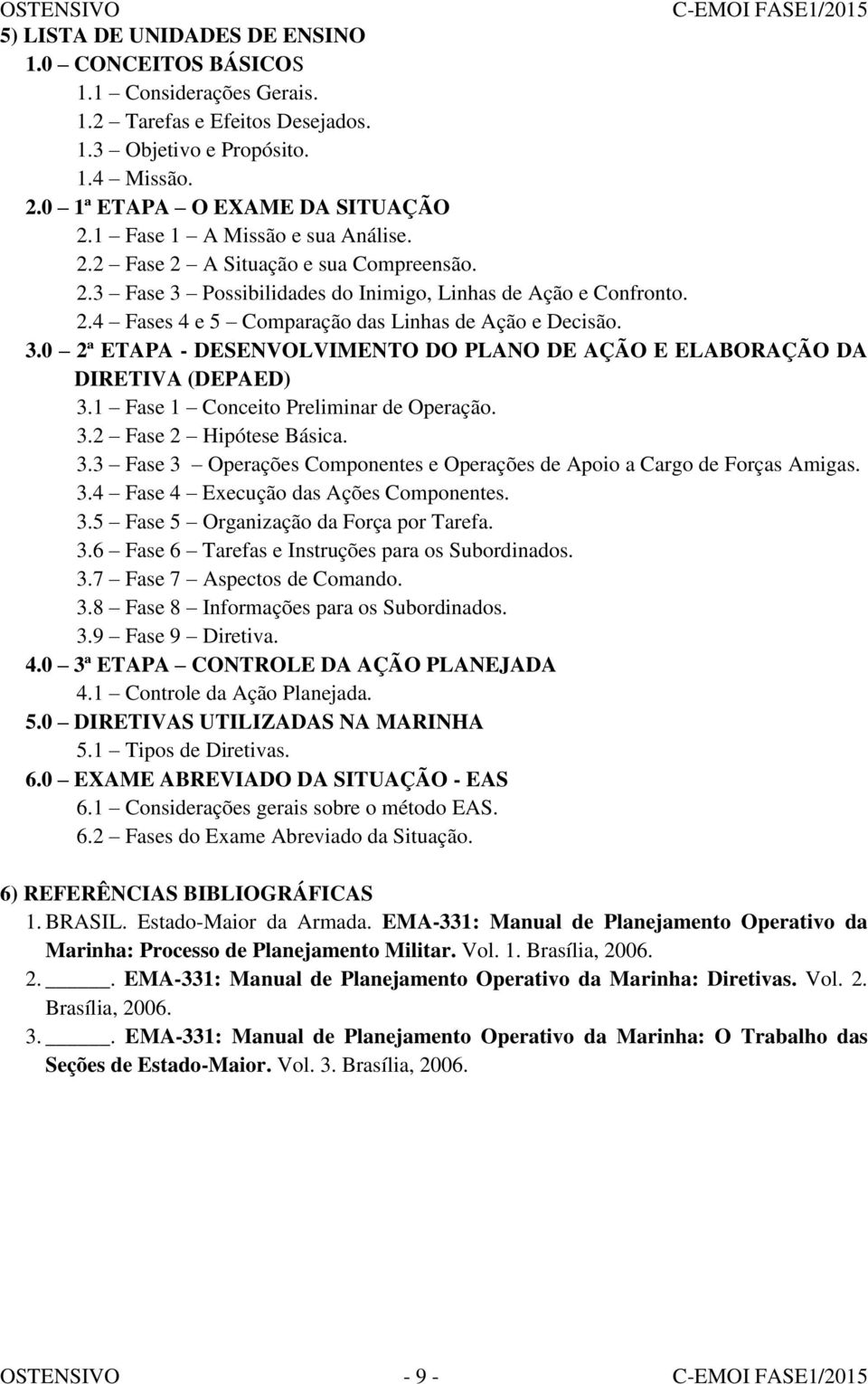 1 Fase 1 Conceito Preliminar de Operação. 3.2 Fase 2 Hipótese Básica. 3.3 Fase 3 Operações Componentes e Operações de Apoio a Cargo de Forças Amigas. 3.4 Fase 4 Execução das Ações Componentes. 3.5 Fase 5 Organização da Força por Tarefa.