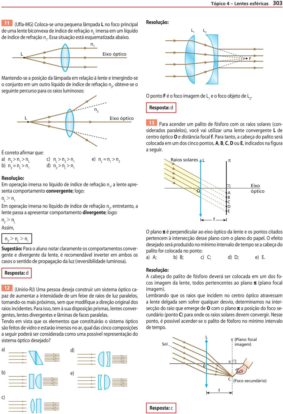 raios luminosos: É correto a irmar que: a) n > n > n c) n > n > n e) n n > n b) n n > n d) n > n > n n Eixo óptico Em operação imersa no líquido de índice de reração n, a lente apresenta