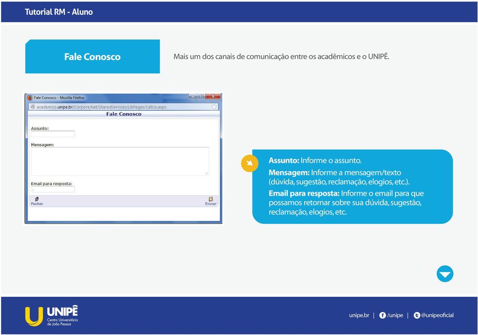 Mensagem: Informe a mensagem/texto (dúvida, sugestão, reclamação, elogios,