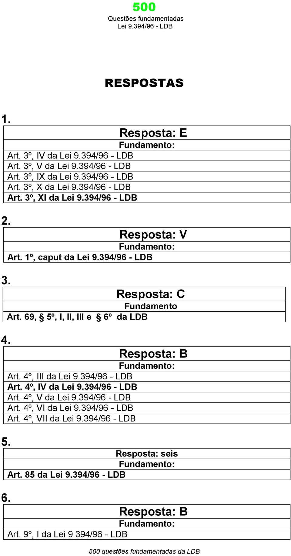 Resposta: C Fundamento Art. 69, 5º, I, II, III e 6º da LDB 4. Resposta: B Art.