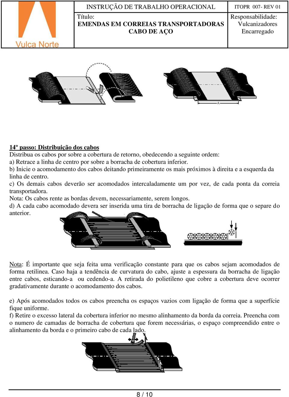 c) Os demais cabos deverão ser acomodados intercaladamente um por vez, de cada ponta da correia transportadora. Nota: Os cabos rente as bordas devem, necessariamente, serem longos.