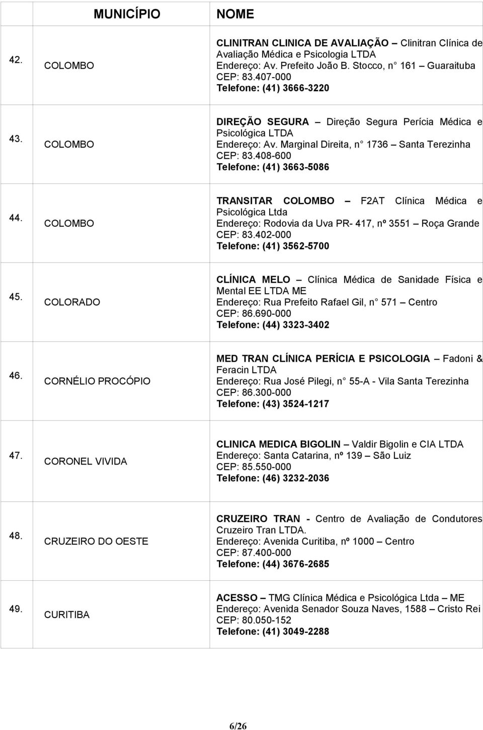 COLOMBO TRANSITAR COLOMBO F2AT Clínica Médica e Psicológica Ltda Endereço: Rodovia da Uva PR- 417, nº 3551 Roça Grande CEP: 83.402-000 Telefone: (41) 3562-5700 45.