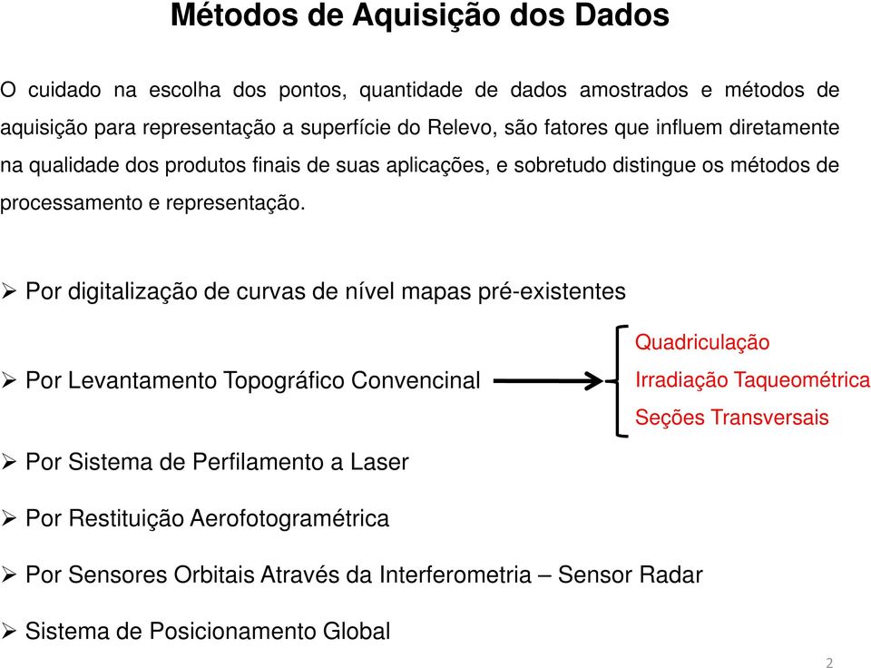 Por digitalização de curvas de nível mapas pré-existentes Por Levantamento Topográfico Convencinal Quadriculação Irradiação Taqueométrica Seções Transversais