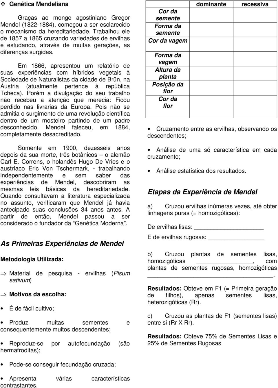 Em 1866, apresentou um relatório de suas experiências com híbridos vegetais à Sociedade de Naturalistas da cidade de Brün, na Áustria (atualmente pertence à república Tcheca).