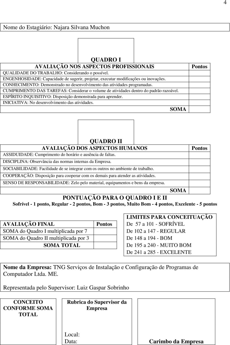 CUMPRIMENTO DAS TAREFAS: Considerar o volume de atividades dentro do padrão razoável. ESPÍRITO INQUISITIVO: Disposição demonstrada para aprender. INICIATIVA: No desenvolvimento das atividades.