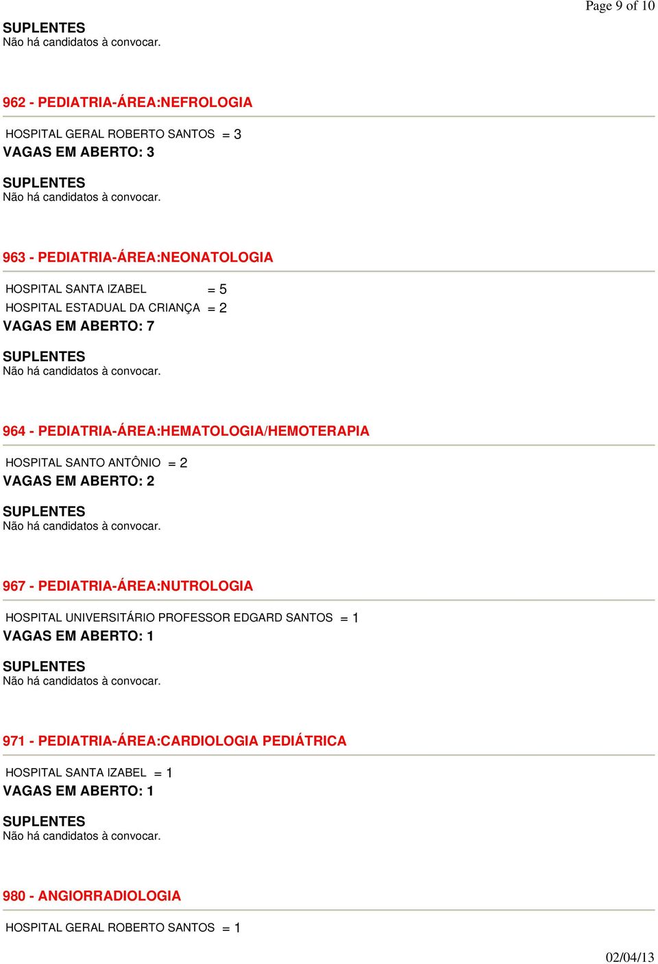 ABERTO: 7 964 - PEDIATRIA-ÁREA:HEMATOLOGIA/HEMOTERAPIA HOSPITAL SANTO ANTÔNIO = 2 967 -