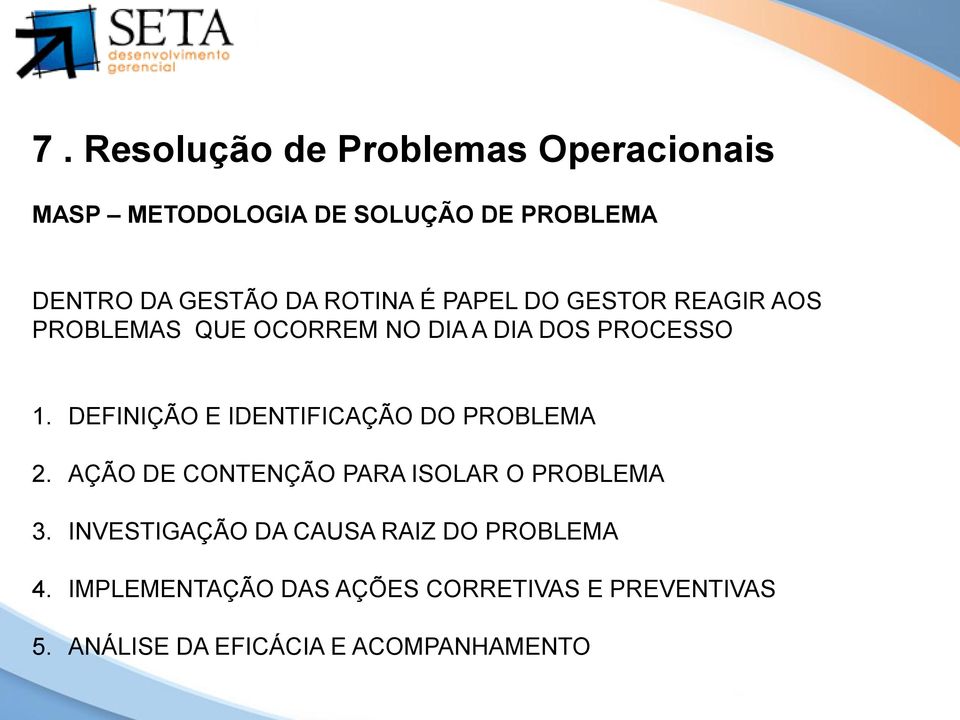 DEFINIÇÃO E IDENTIFICAÇÃO DO PROBLEMA 2. AÇÃO DE CONTENÇÃO PARA ISOLAR O PROBLEMA 3.