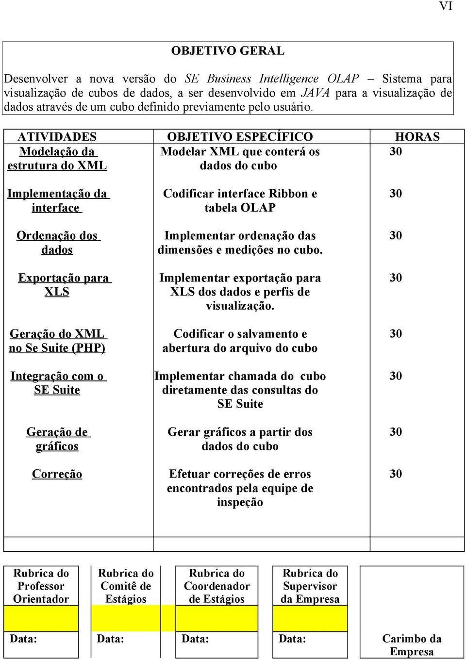 ATIVIDADES OBJETIVO ESPECÍFICO HORAS Modelação da Modelar XML que conterá os 30 estrutura do XML dados do cubo Implementação da interface Ordenação dos dados Exportação para XLS Geração do XML no Se