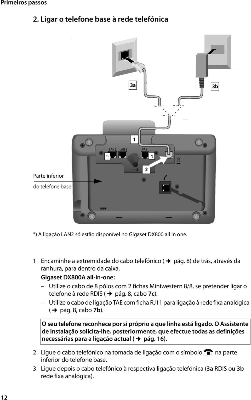Gigaset DX800A all-in-one: Utilize o cabo de 8 pólos com 2 fichas Miniwestern 8/8, se pretender ligar o telefone à rede RDIS ( pág. 8, cabo 7c).