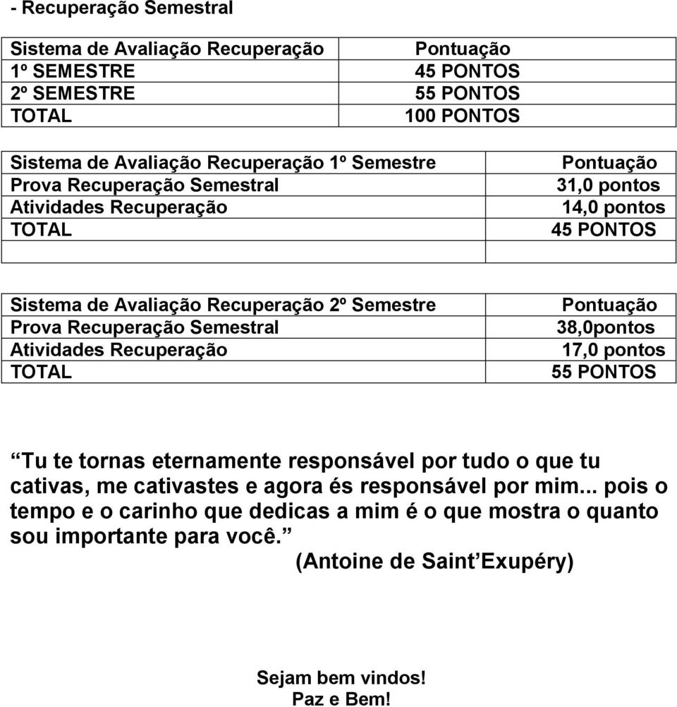 Recuperação Semestral Atividades Recuperação TOTAL Pontuação 38,0pontos 17,0 pontos 55 PONTOS Tu te tornas eternamente responsável por tudo o que tu cativas, me