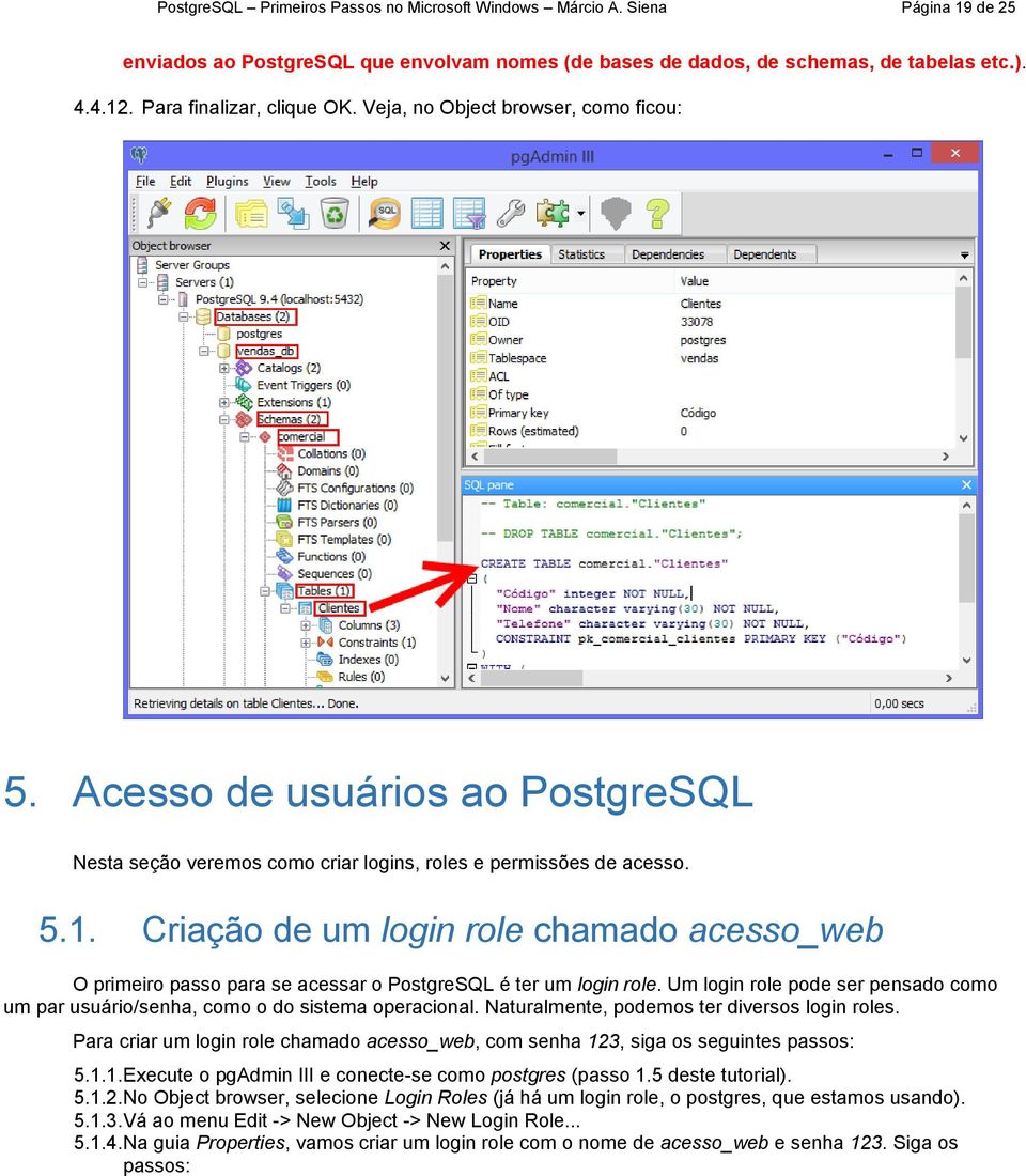 Criação de um login role chamado acesso_web O primeiro passo para se acessar o PostgreSQL é ter um login role. Um login role pode ser pensado como um par usuário/senha, como o do sistema operacional.