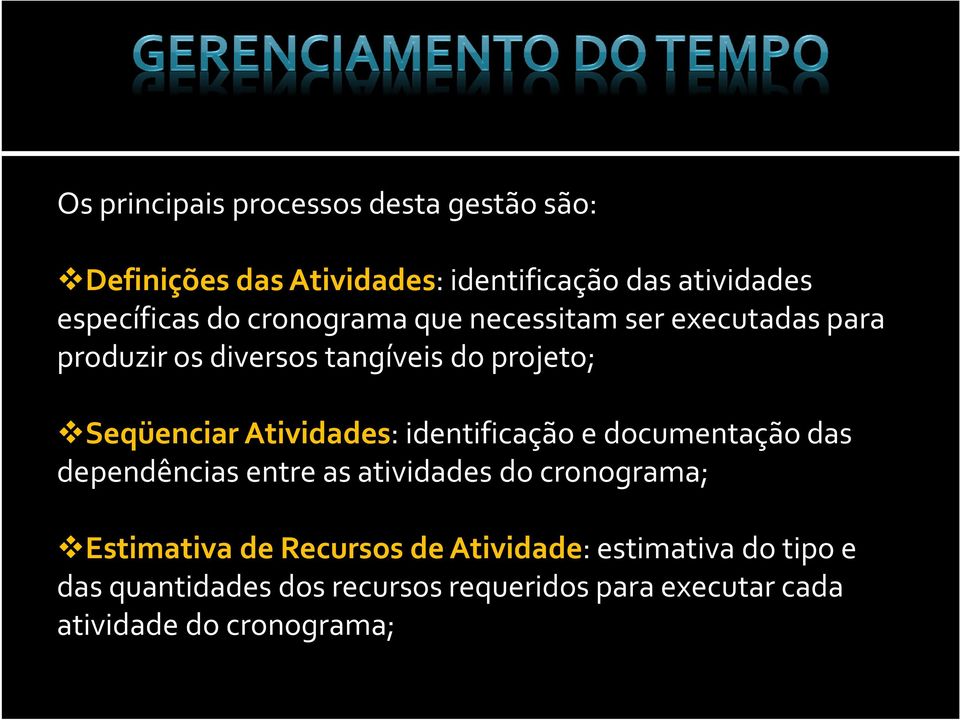 Atividades: identificação e documentação das dependências entre as atividades do cronograma; Estimativa de