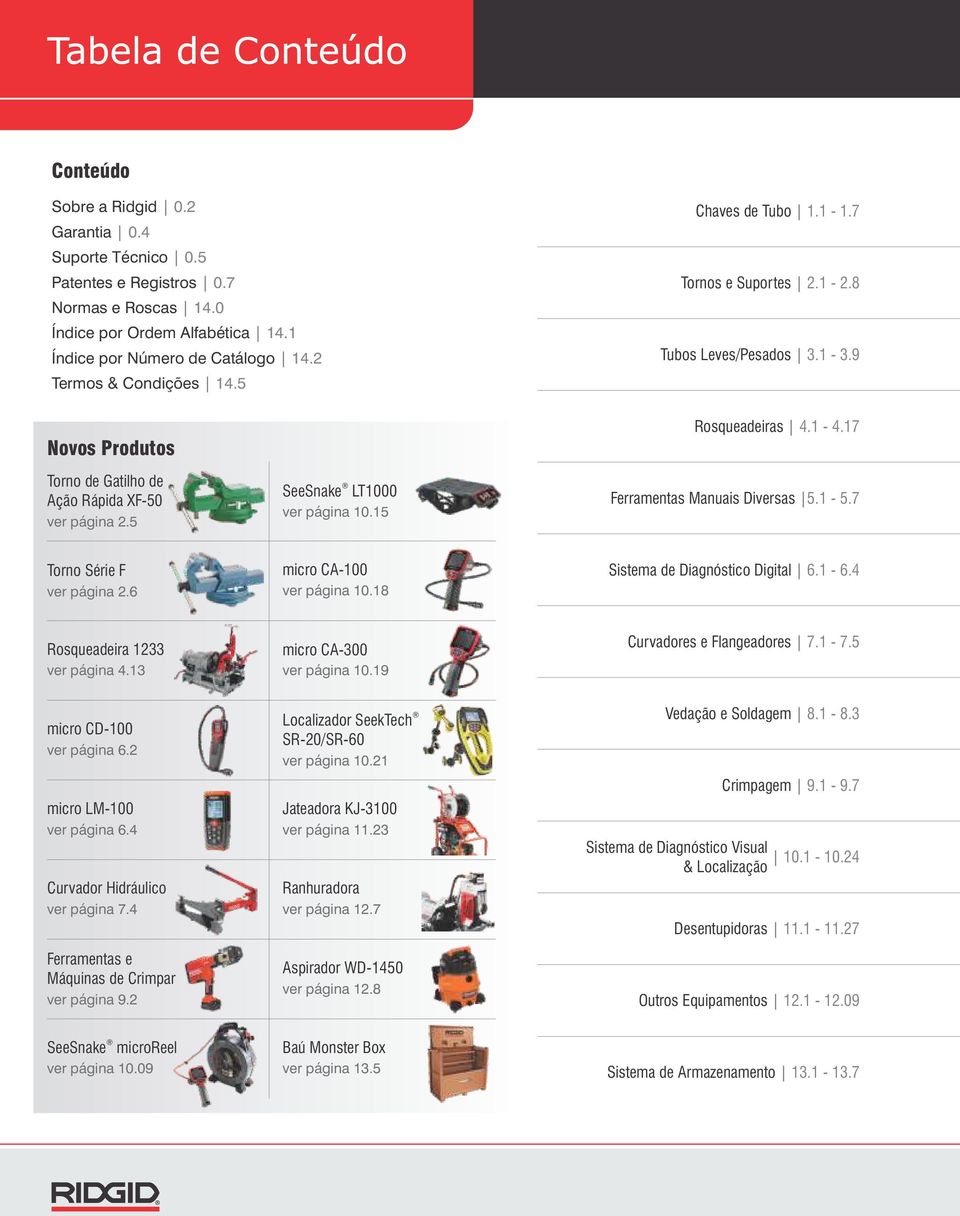 4.7 Ferramentas Manuais Diversas 5. 5.7 Torno Série F ver página 2.6 micro CA00 ver página 0.8 Sistema de Diagnóstico Digital 6. 6.4 Rosqueadeira 233 micro CA300 ver página 4.3 ver página 0.