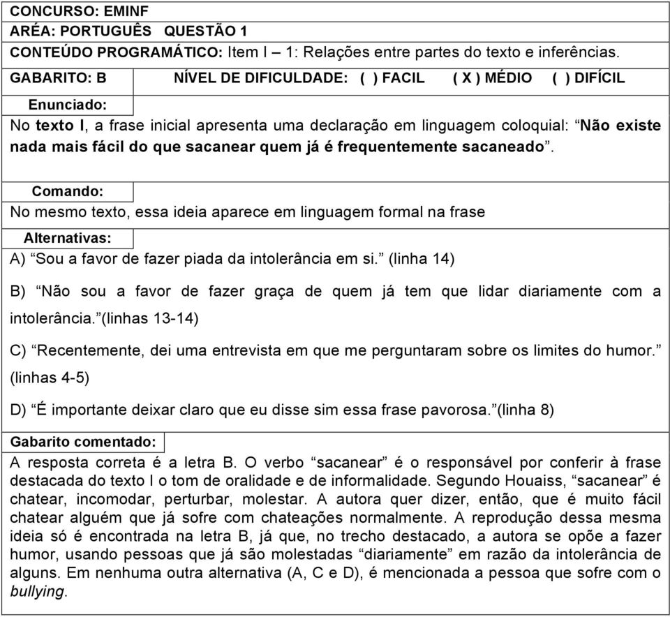 frequentemente sacaneado. No mesmo texto, essa ideia aparece em linguagem formal na frase A) Sou a favor de fazer piada da intolerância em si.