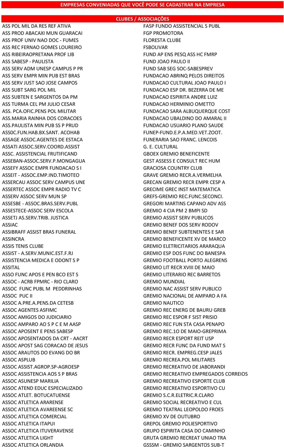 MARIA RAINHA DOS CORACOES ASS.PAULISTA MIN PUB SS P PRUD ASS0C.FUN.HAB.BX.SANT. ACOHAB ASSAGE ASSOC.AGENTES DE ESTACA ASSATI ASSOC.SERV.COORD.ASSIST ASSC. ASSISTENCIAL FRUTIFICAND ASSEBAN-ASSOC.SERV.P.MONGAGUA ASSEFY ASSOC EMPR FUNDACAO S I ASSEIT - ASSOC.