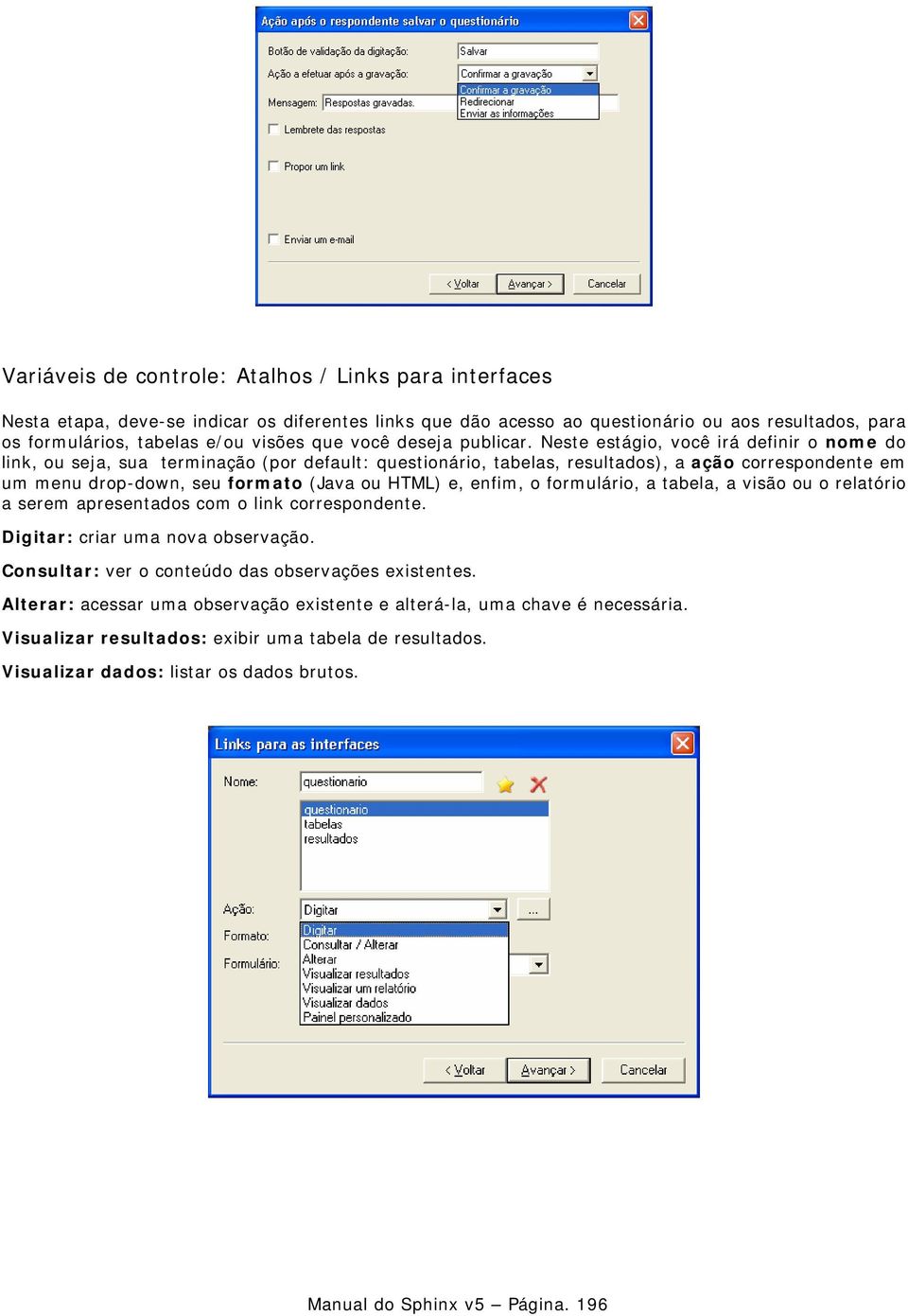 Neste estágio, você irá definir o nome do link, ou seja, sua terminação (por default: questionário, tabelas, resultados), a ação correspondente em um menu drop-down, seu formato (Java ou HTML) e,