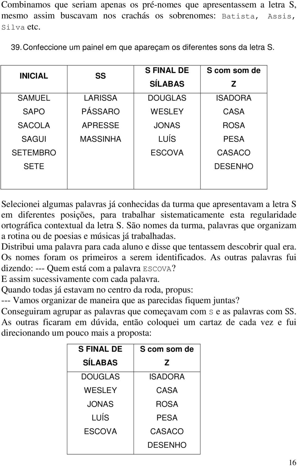 INICIAL SS S FINAL DE SÍLABAS S com som de Z SAMUEL LARISSA DOUGLAS ISADORA SAPO PÁSSARO WESLEY CASA SACOLA APRESSE JONAS ROSA SAGUI MASSINHA LUÍS PESA SETEMBRO ESCOVA CASACO SETE DESENHO Selecionei