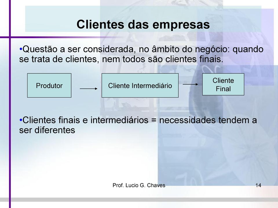 Produtor Cliente Intermediário Cliente Final Clientes finais e