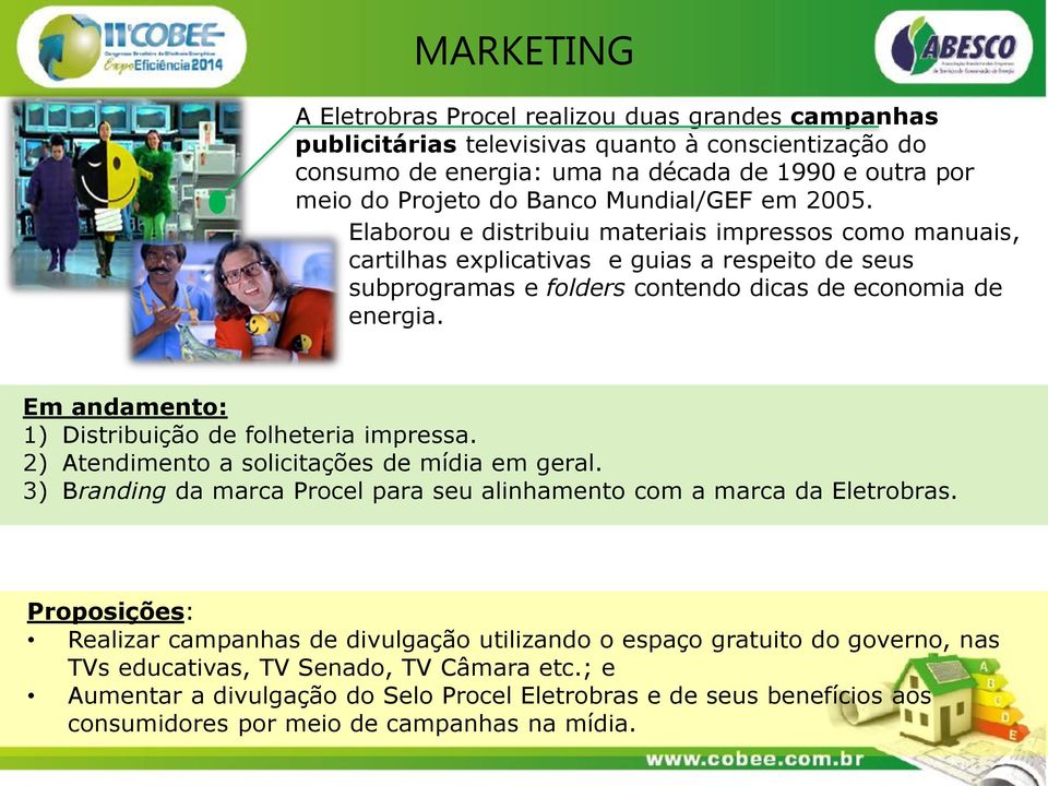 Em andamento: 1) Distribuição de folheteria impressa. 2) Atendimento a solicitações de mídia em geral. 3) Branding da marca Procel para seu alinhamento com a marca da Eletrobras.