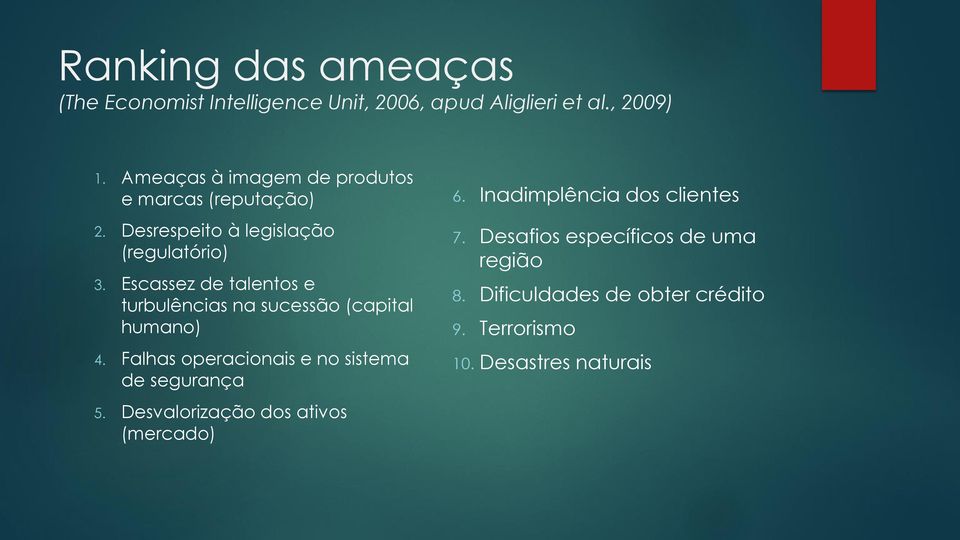 Escassez de talentos e turbulências na sucessão (capital humano) 4. Falhas operacionais e no sistema de segurança 5.