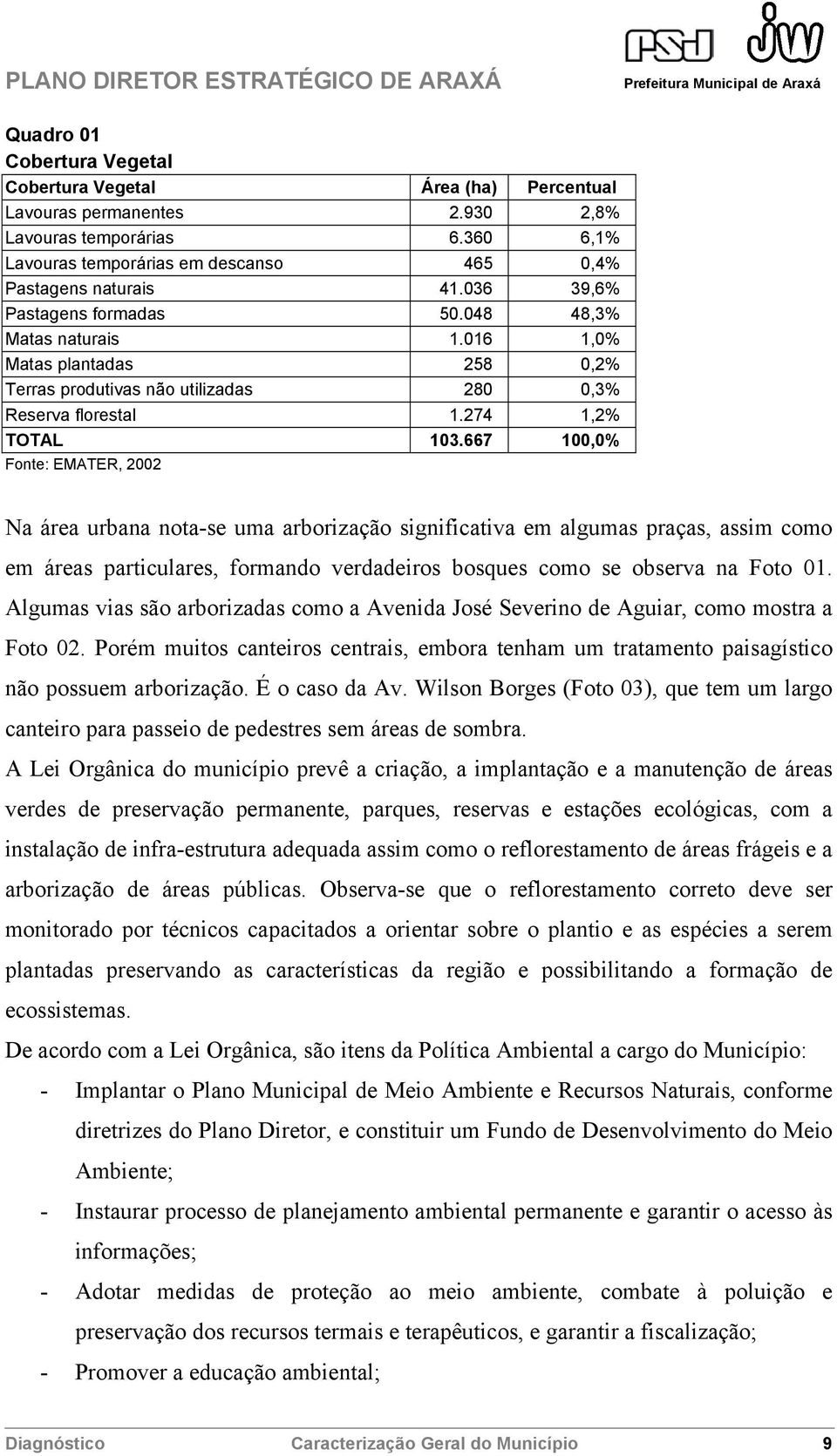 667 100,0% Fonte: EMATER, 2002 Na área urbana nota-se uma arborização significativa em algumas praças, assim como em áreas particulares, formando verdadeiros bosques como se observa na Foto 01.