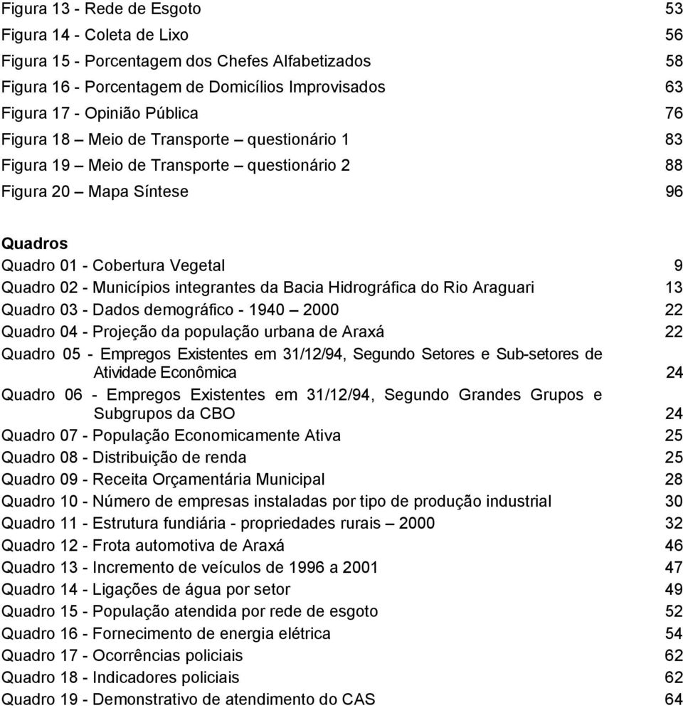 Bacia Hidrográfica do Rio Araguari 13 Quadro 03 - Dados demográfico - 1940 2000 22 Quadro 04 - Projeção da população urbana de Araxá 22 Quadro 05 - Empregos Existentes em 31/12/94, Segundo Setores e