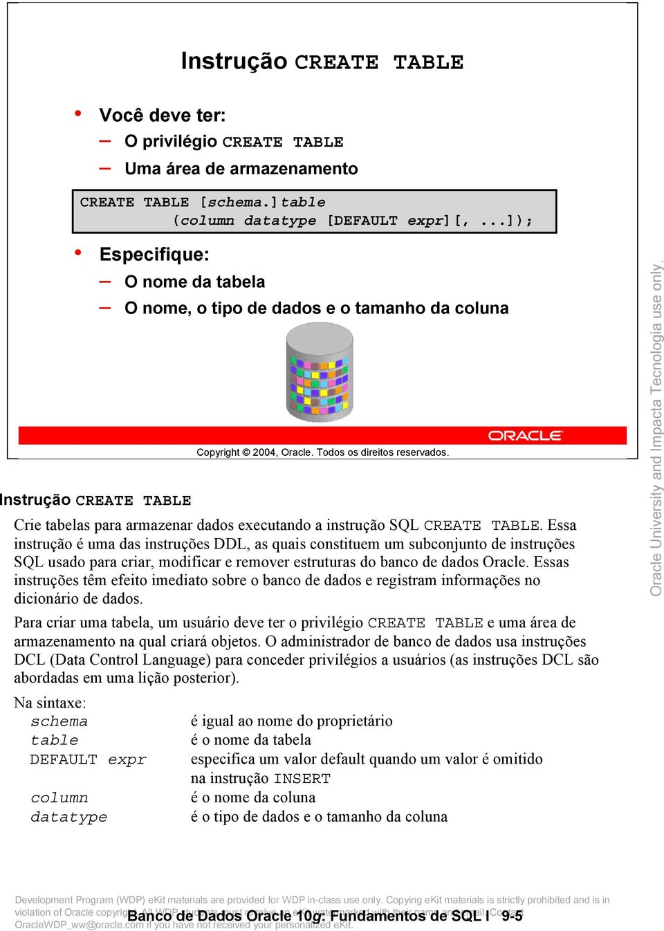 Essa instrução é uma das instruções DDL, as quais constituem um subconjunto de instruções SQL usado para criar, modificar e remover estruturas do banco de dados Oracle.