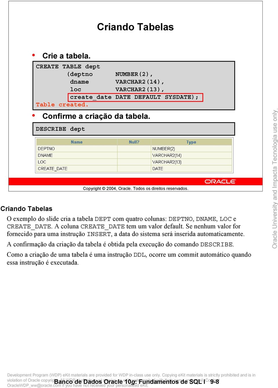 A coluna CREATE_DATE tem um valor default. Se nenhum valor for fornecido para uma instrução INSERT, a data do sistema será inserida automaticamente.