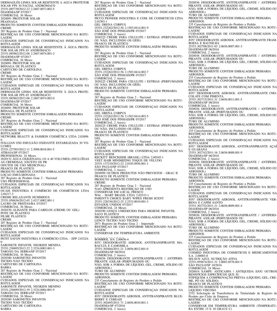 226070074002-0 DIADEMA/SP 07/2017 PRODUTO SOMENTE CONTEM EMBA PRIMARIA NETWORK BEAUTY & FASHION COSMÉTICA LTDA 203098-6 ITALLIAN OXI EMULSÃO OXIDANTE ESTABILIZADA 30 VO- LUMES 25351227503/2012-11