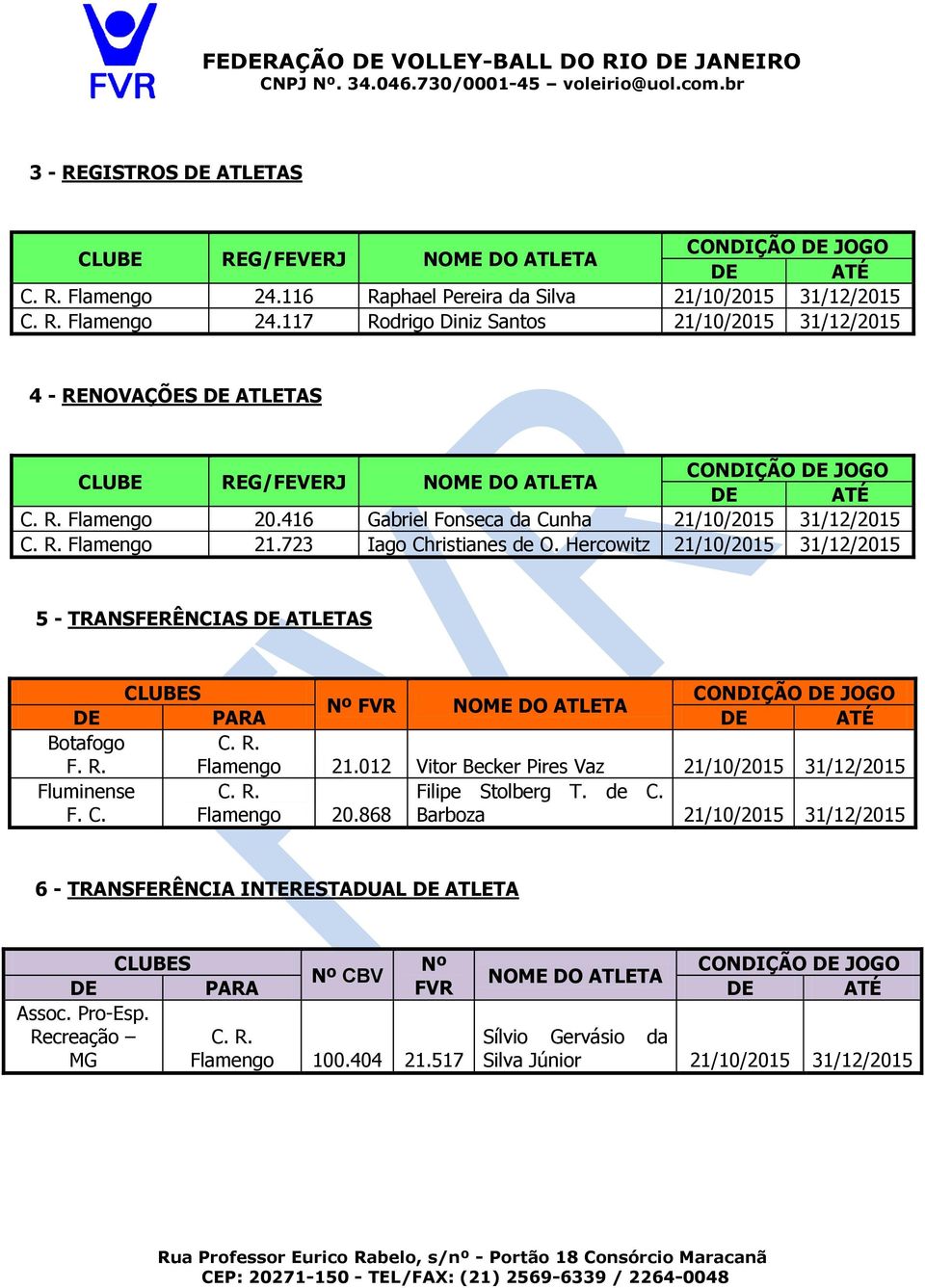 723 Iago Christianes de O. Hercowitz 21/10/2015 31/12/2015 5 - TRANSFERÊNCIAS DE ATLETAS FVR DE PARA F. R. Flamengo 21.