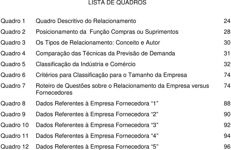 Empresa 74 Quadro 7 Roteiro de Questões sobre o Relacionamento da Empresa versus Fornecedores Quadro 8 Dados Referentes à Empresa Fornecedora 1 88 Quadro 9 Dados Referentes à