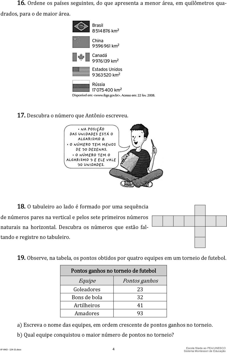 Descubra os números que estão faltando e registre no tabuleiro. 2 6 19. Observe, na tabela, os pontos obtidos por quatro equipes em um torneio de futebol.