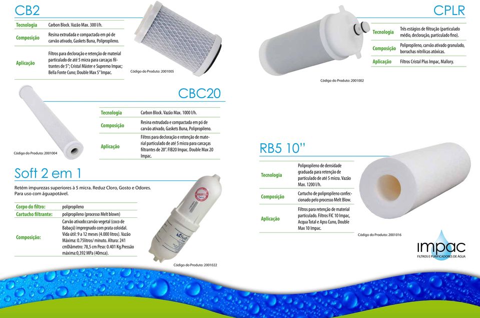 Código do Produto: 2001005 Três estágios de filtração (particulado médio, decloração, particulado fino). Polipropileno, carvão ativado granulado, Filtros Cristal Plus Impac, Mallory.