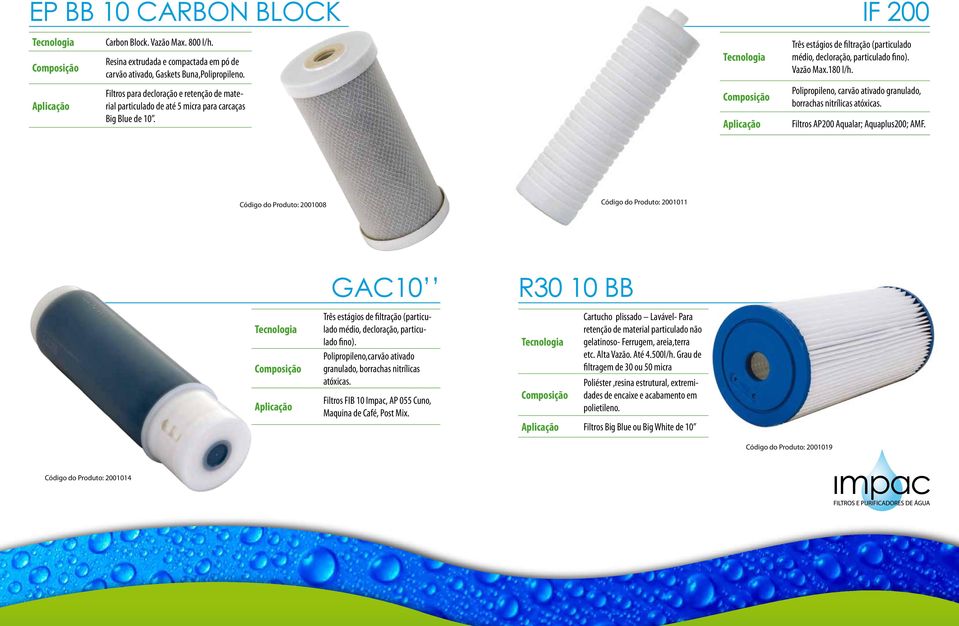 Código do Produto: 2001008 Código do Produto: 2001011 GAC10 Três estágios de filtração (particulado médio, decloração, particulado fino).