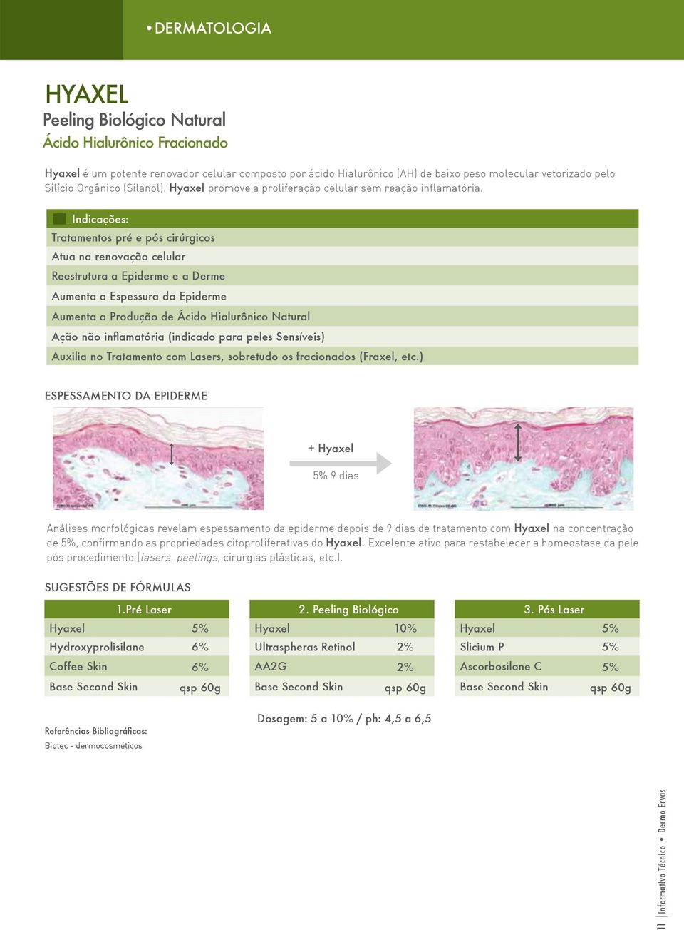 Indicações: Tratamentos pré e pós cirúrgicos Atua na renovação celular Reestrutura a Epiderme e a Derme Aumenta a Espessura da Epiderme Aumenta a Produção de Ácido Hialurônico Natural Ação não