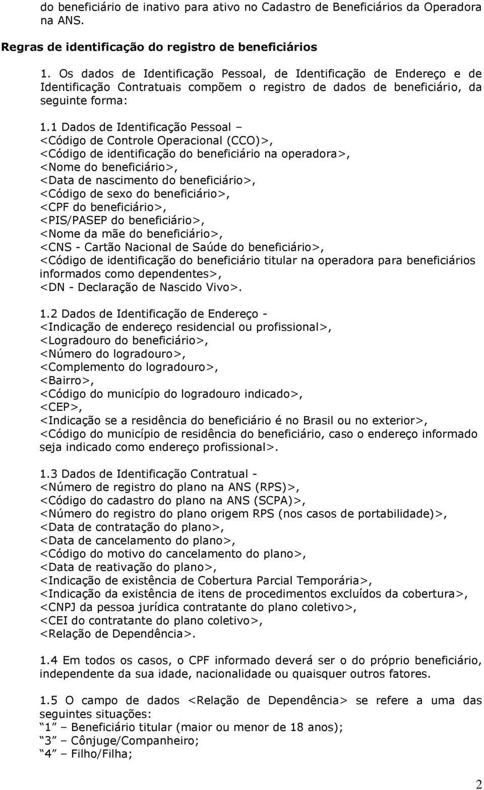 1 Dados de Identificação Pessoal <Código de Controle Operacional (CCO)>, <Código de identificação do beneficiário na operadora>, <Nome do beneficiário>, <Data de nascimento do beneficiário>, <Código