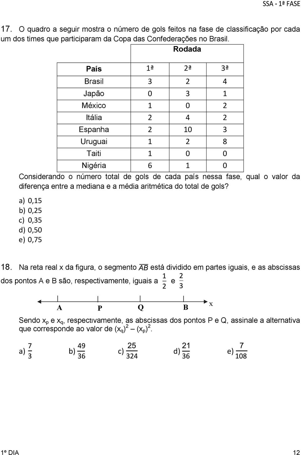 o valor da diferença entre a mediana e a média aritmética do total de gols? a) 0,15 b) 0,25 c) 0,35 d) 0,50 e) 0,75 18.