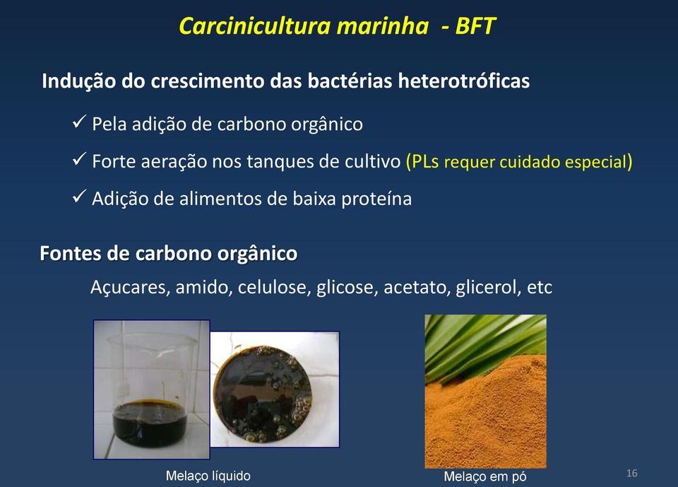 cuidado especial) Adição de alimentos de baixa proteína Fontes de carbono orgânico