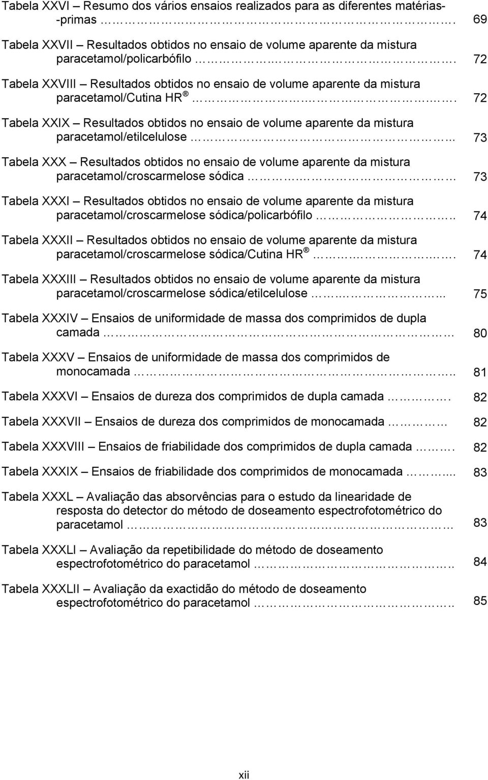 .. Tabela XXX Resultados obtidos no ensaio de volume aparente da mistura paracetamol/croscarmelose sódica.