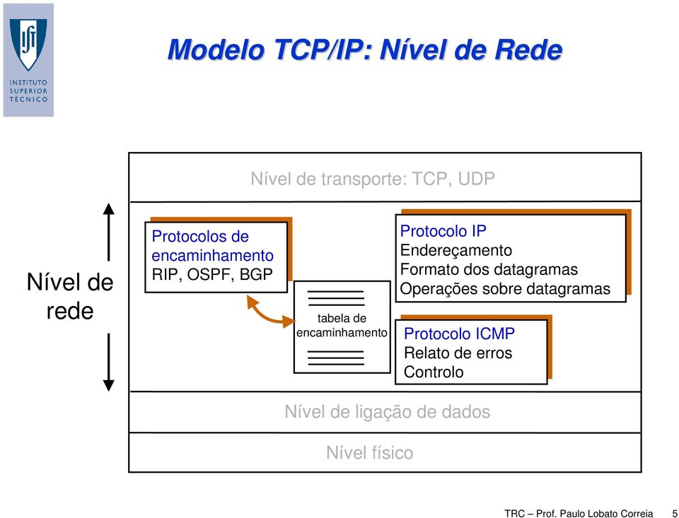 Endereçamento Formato dos datagramas Operações sobre datagramas Protocolo ICMP