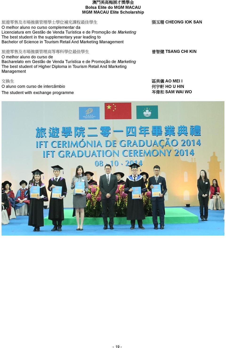 理 高 等 專 科 學 位 最 佳 學 生 O melhor aluno do curso de Bacharelato em Gestão de Venda Turística e de Promoção de Marketing The best student of Higher Diploma in Tourism Retail And