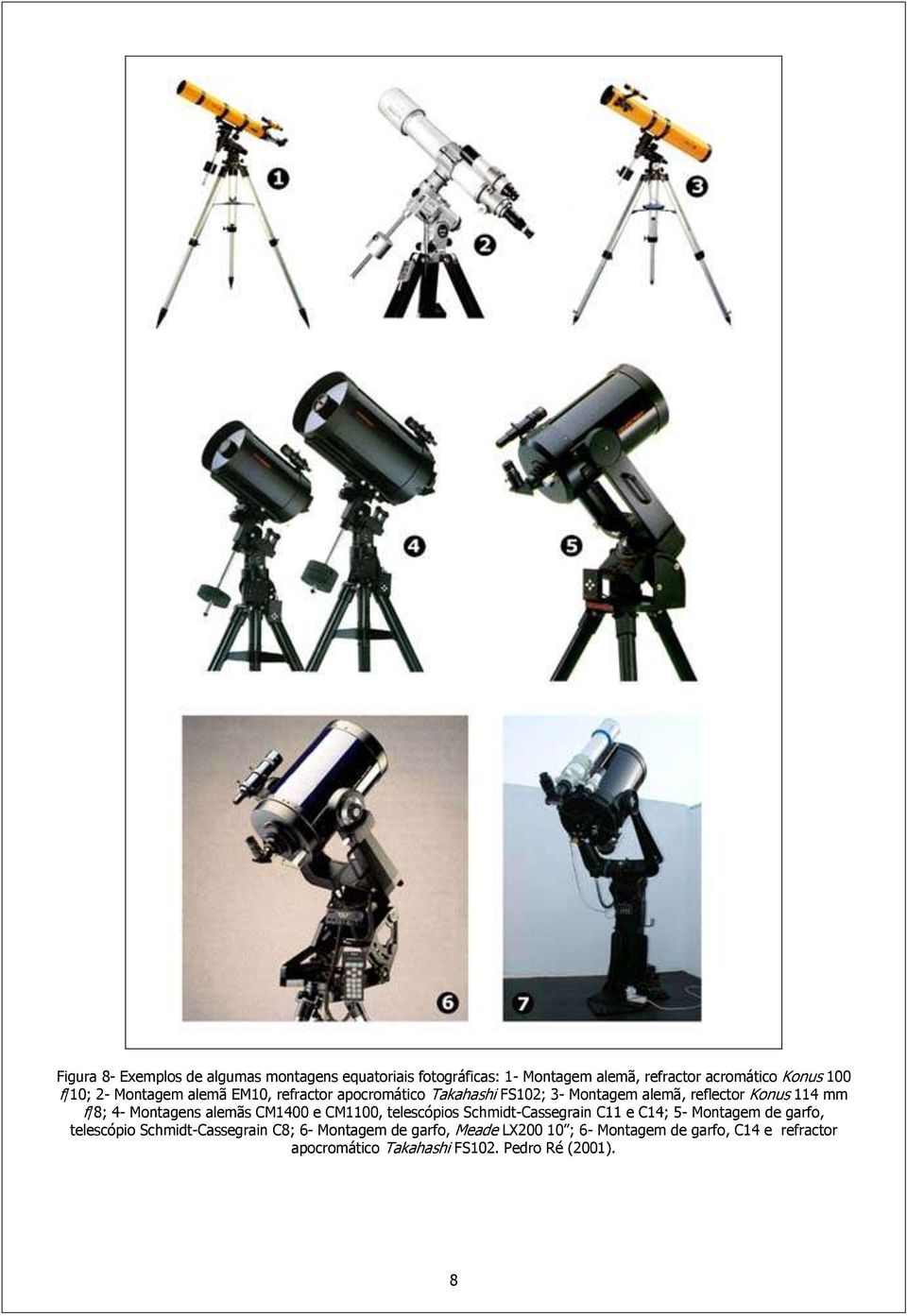 alemãs CM1400 e CM1100, telescópios Schmidt-Cassegrain C11 e C14; 5- Montagem de garfo, telescópio Schmidt-Cassegrain C8;