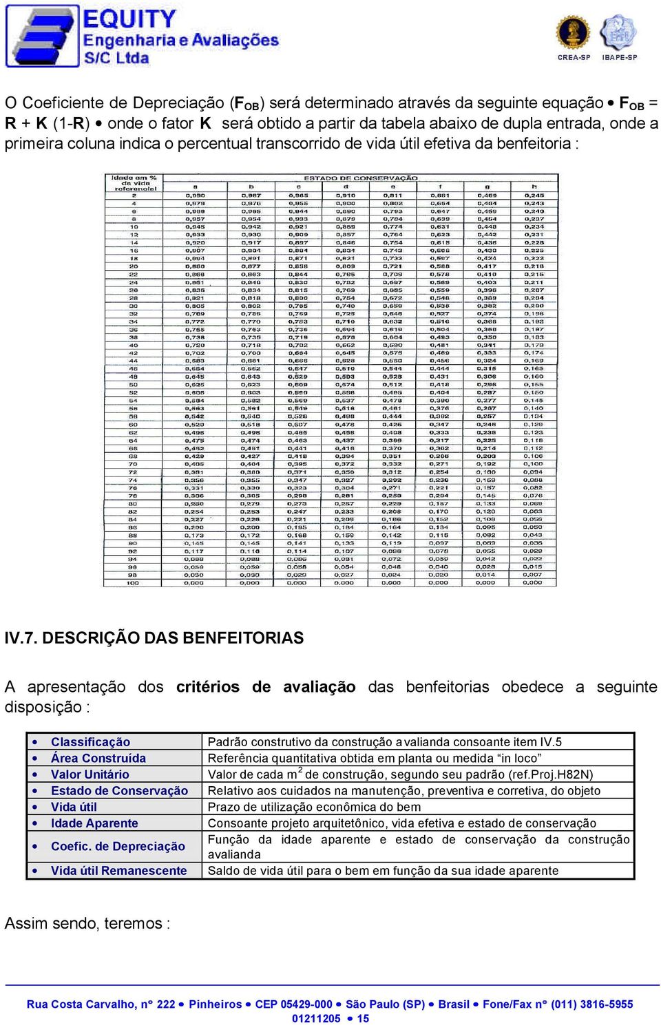 DESCRIÇÃO DAS BENFEITORIAS A apresentação dos critérios de avaliação das benfeitorias obedece a seguinte disposição : Classificação Padrão construtivo da construção avalianda consoante item IV.