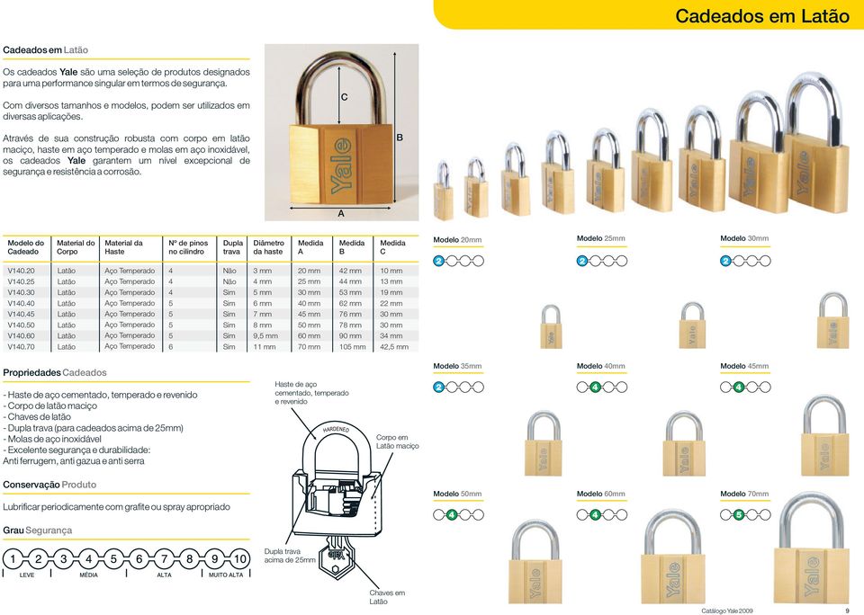 C Através de sua construção robusta com corpo em latão maciço, haste em aço temperado e molas em aço inoxidável, os cadeados Yale garantem um nível excepcional de segurança e resistência a corrosão.